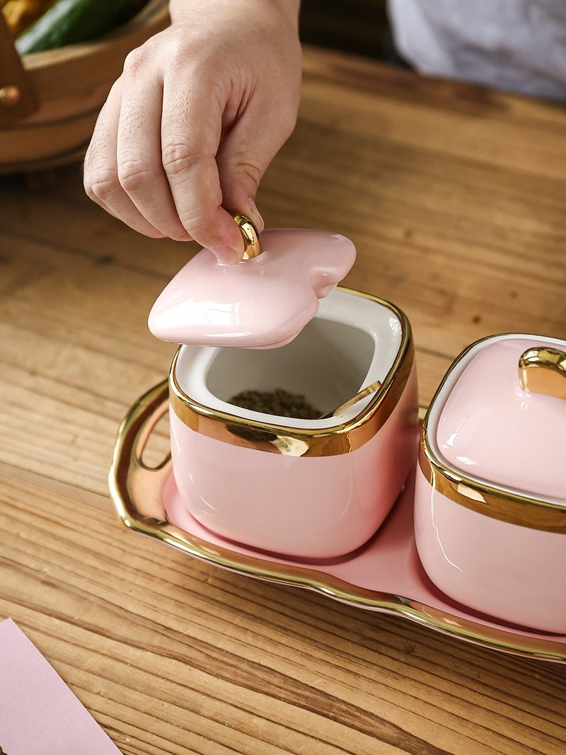 Nordic Light Luxury Girl Pink Phnom Penh Bright Glazed Ceramic Seasoning Jar Sugar Bowl Salt Bowl Seasoning Jar Combination Set