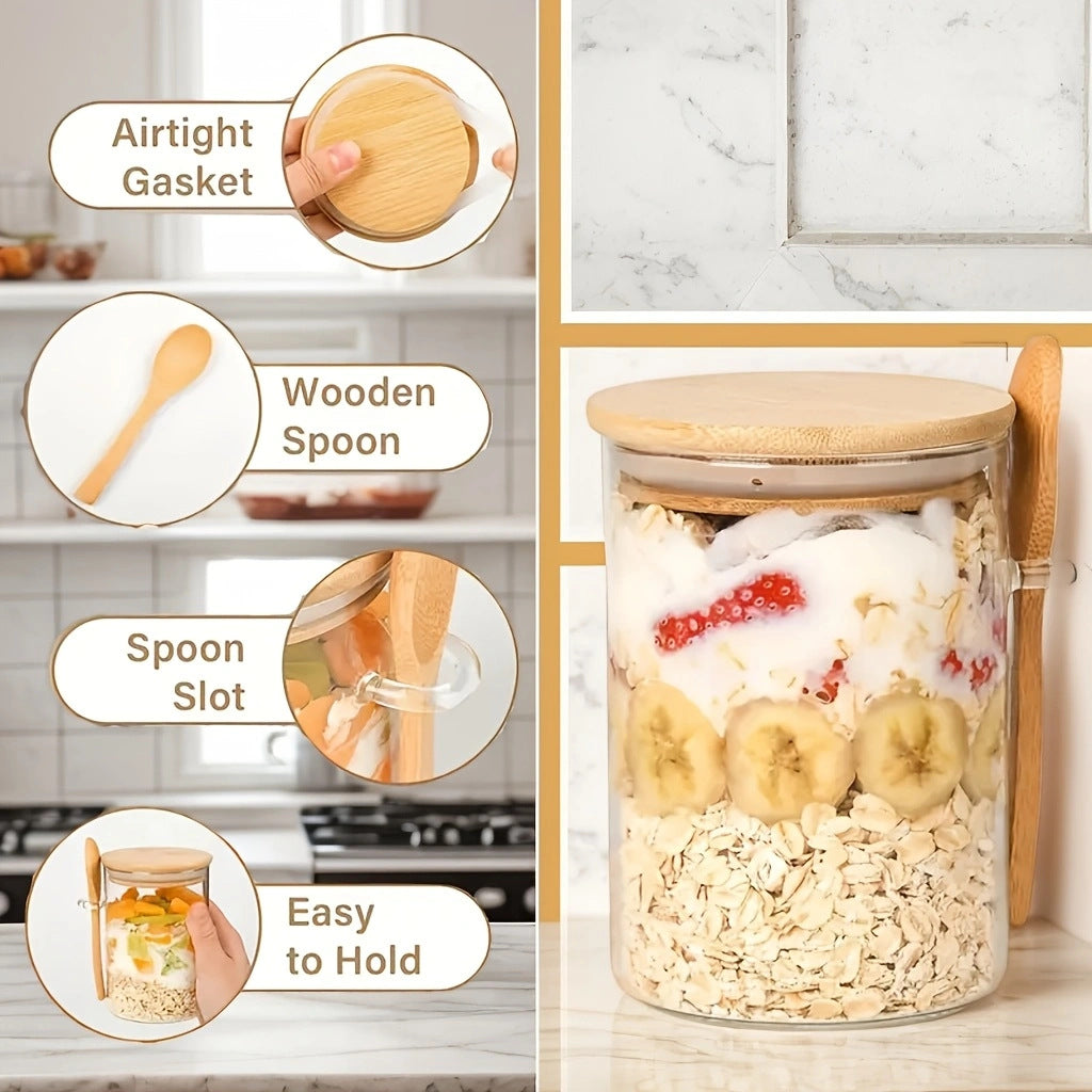 Yogurt Oatmeal With Spoon And Lid Sealed Jar Kitchen Storage Glass Jar