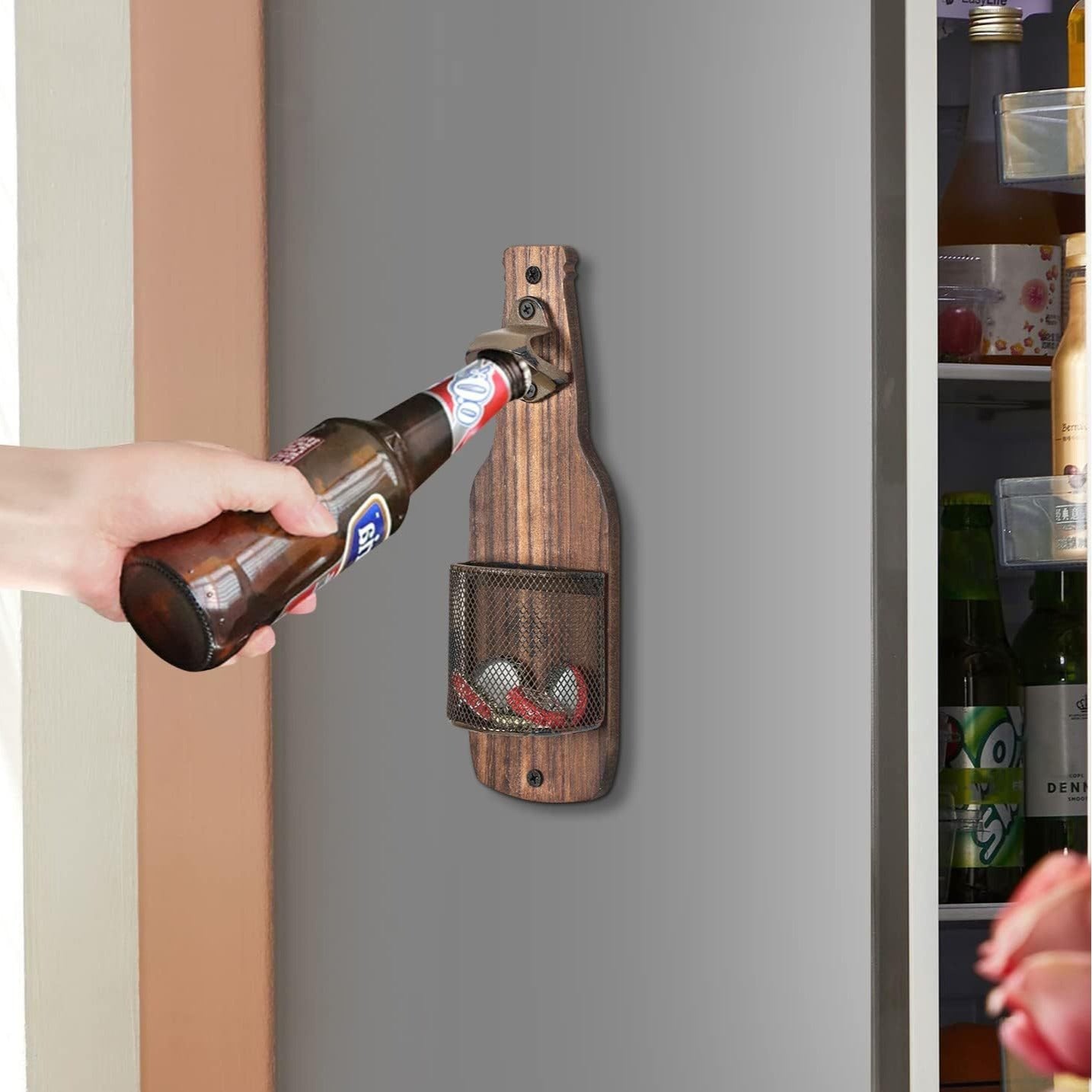 Creative Bar Restaurant Decoration Iron Bottle Cap Storage Basket Wall-mounted Solid Wood Can Openers